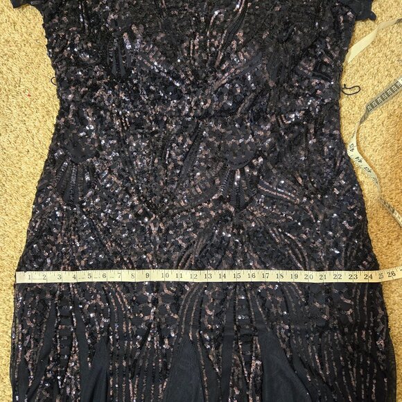 Sz 16W R&M Richards 1875 Sequined Illusion Short-Sleeve Modest A-Line Gown Navy - Picture 10 of 11